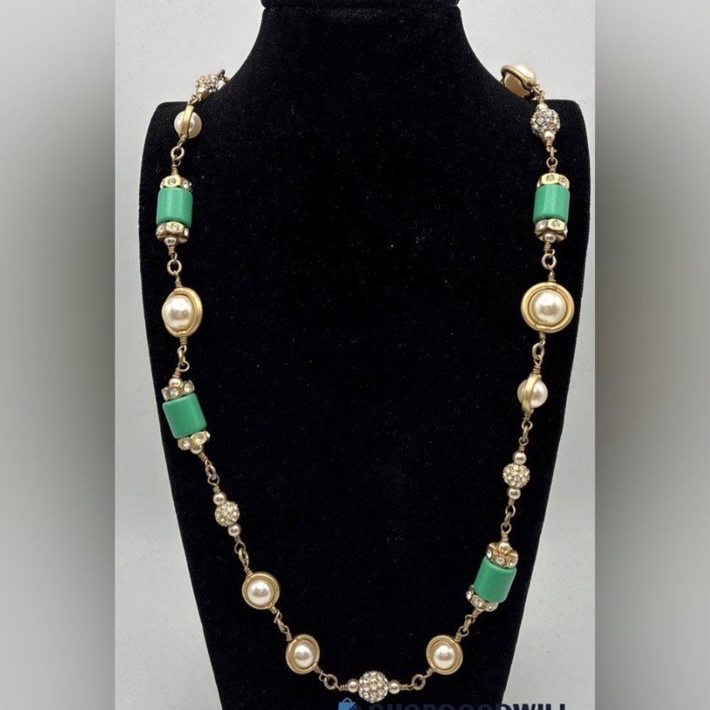 J. Crew Green Enamel and Gold Pearl-Accent Long Necklace about 43 grams and 29”